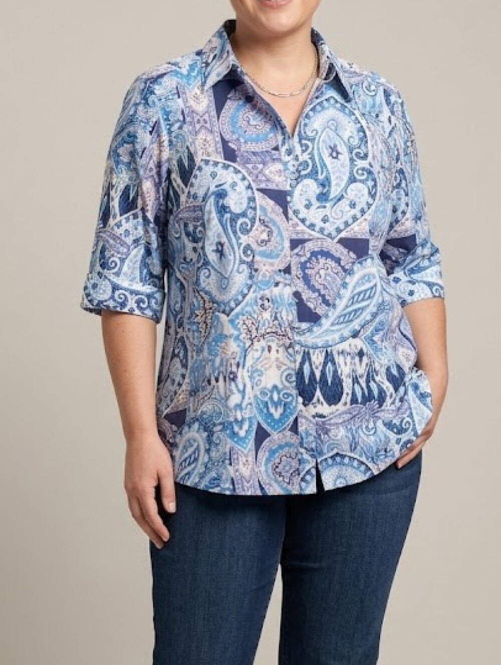 Chico's Women Sz 14 Blue Paisley Button-Front Shirt Short Slevess Cotton Spadex